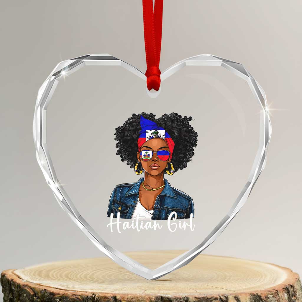 Proud Haitian Afro Girl in Denim Jacket Style Graphic Heart Crystal Glass Ornament Haiti Heritage Pride