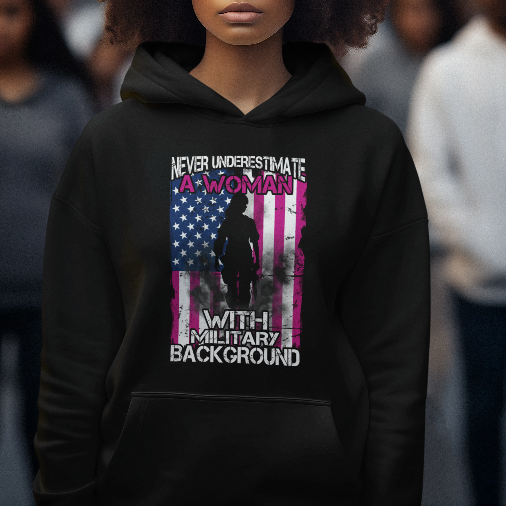 Female Veteran Hoodie Never Underestimate A Woman With Military Background American Flag - Wonder Print Shop