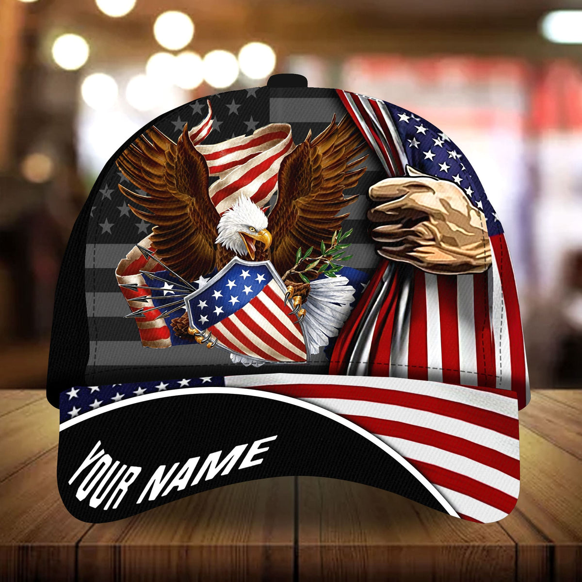 Black baseball cap with 3D eagle flag graphic and 'YOUR NAME' brim text