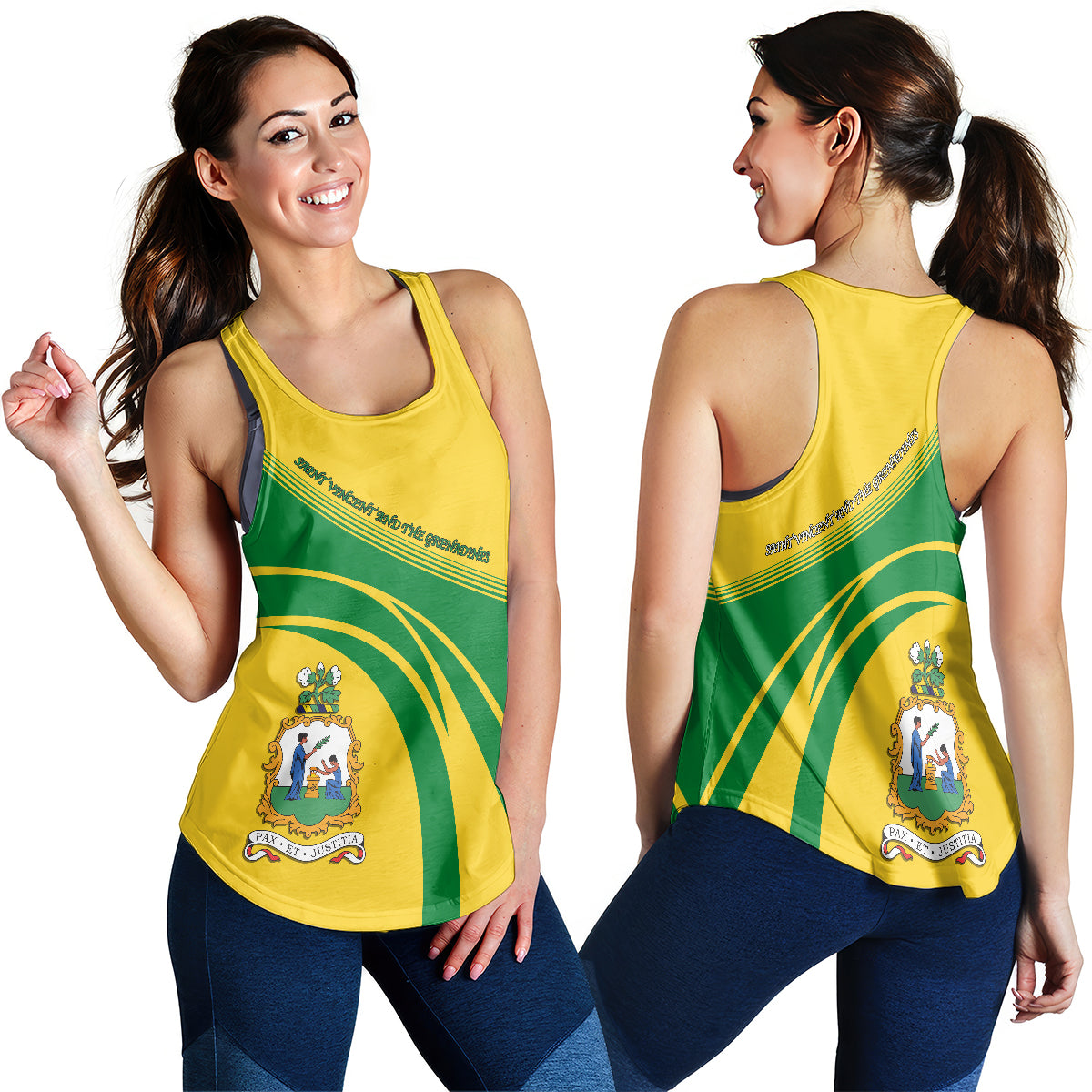 Women’s racerback tank top, yellow-green flag design with crest graphic on front