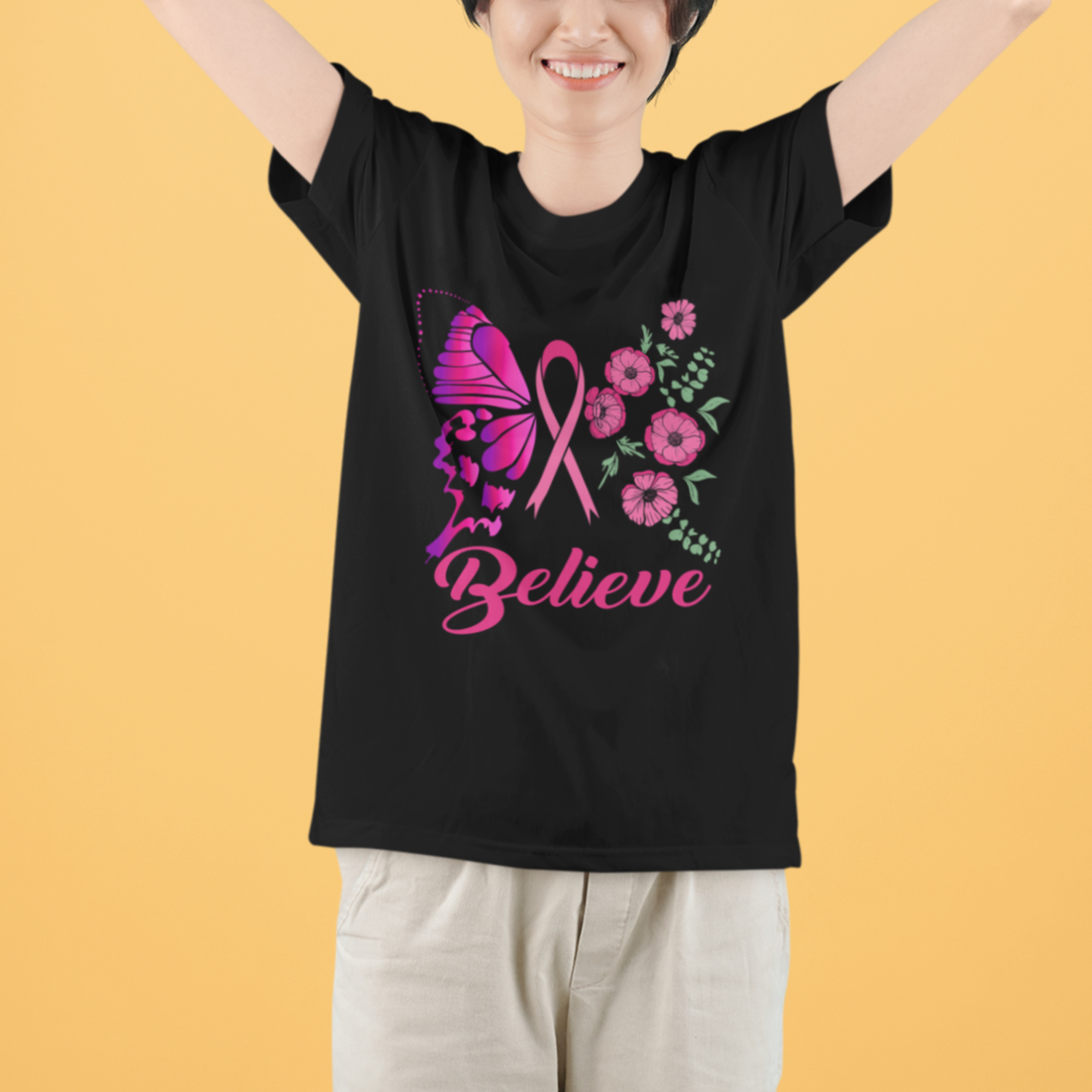 Breast Cancer Awareness T Shirt Believe Butterfly Flower Pink Ribbon Support Squad - Wonder Print Shop