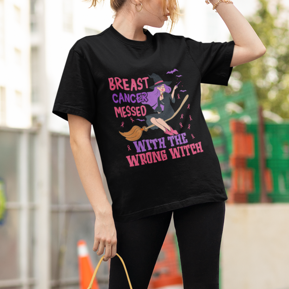 Breast Cancer Witch T Shirt Breast Cancer Messed With Wrong Witch Riding Stick Pink Ribbon Halloween Witch - Wonder Print Shop