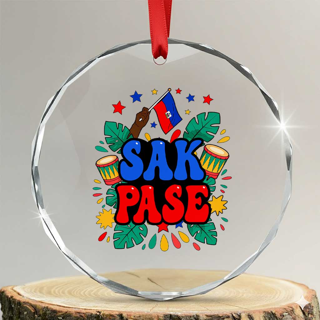 Sak Pase Colorful Festive Haitian Drums Tropical Graphic Crystal Glass Ornament Haiti Heritage Pride