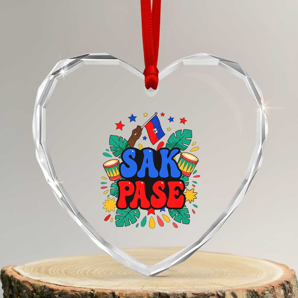 Sak Pase Colorful Festive Haitian Drums Tropical Graphic Heart Crystal Glass Ornament Haiti Heritage Pride