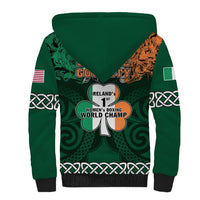 Green unisex sherpa hoodie with large Irish-themed graphic on back