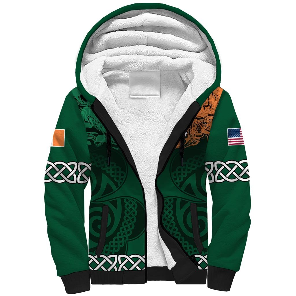 Green unisex sherpa hoodie with white sherpa-lined hood and front graphic