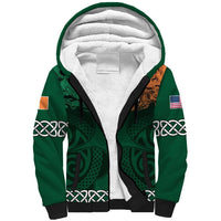 Green unisex sherpa hoodie with white sherpa-lined hood and front graphic
