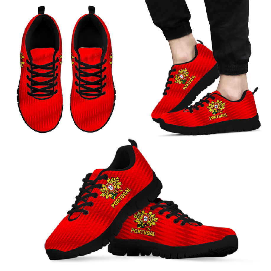 Portugal sporty sneakers, red knit upper with black sole and crest details