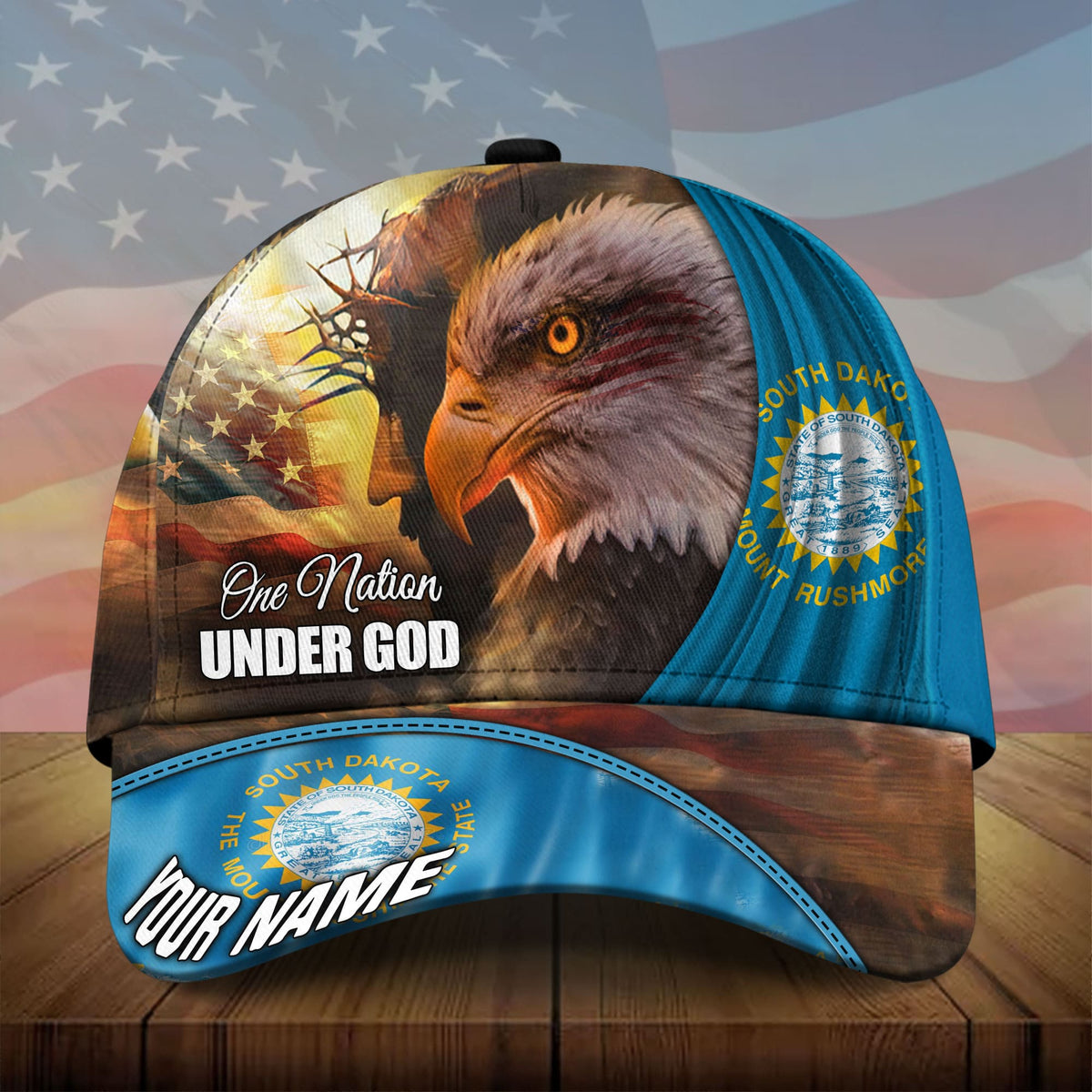 3D eagle baseball cap with South Dakota seal patch and 'YOUR NAME' brim