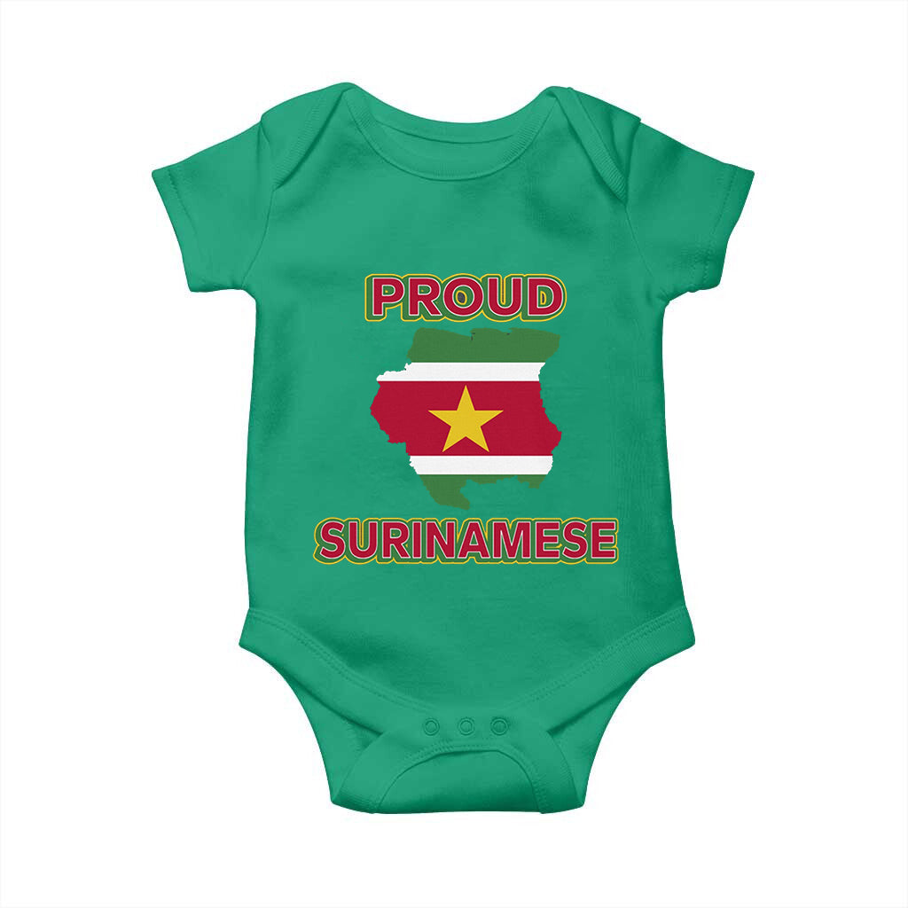 Green baby onesie with Proud Surinamese lettering and Suriname flag graphic