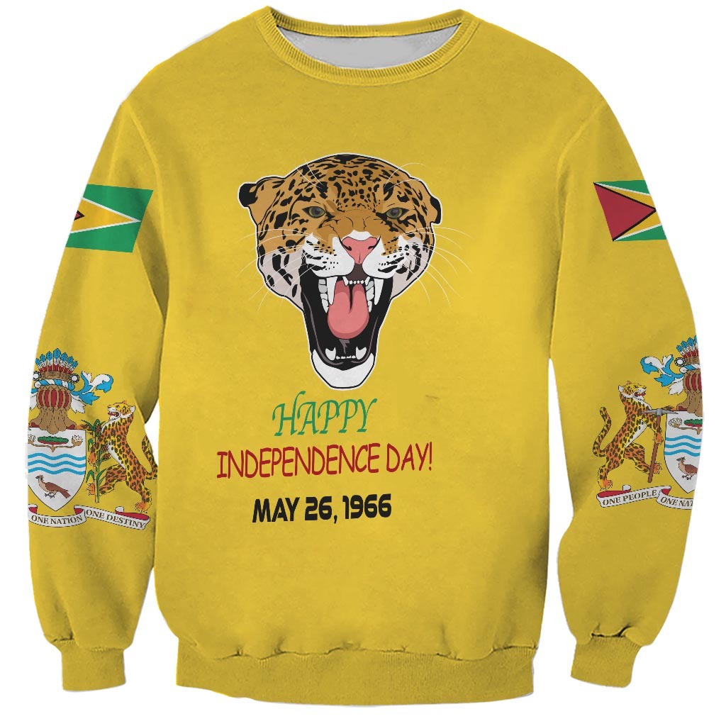 Yellow unisex sweatshirt with jaguar graphic, “Happy Independence Day” and May 26, 1966