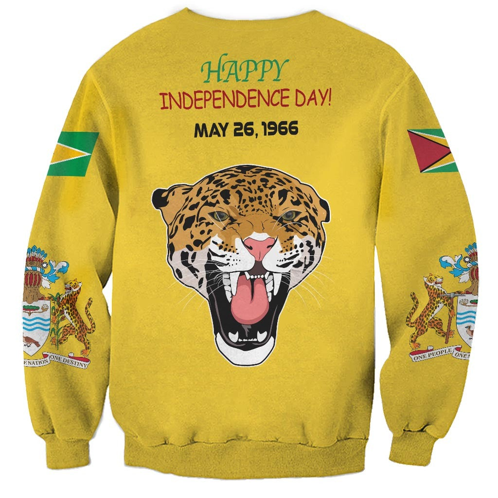 Yellow unisex sweatshirt back with jaguar head and “Happy Independence Day!” May 26, 1966