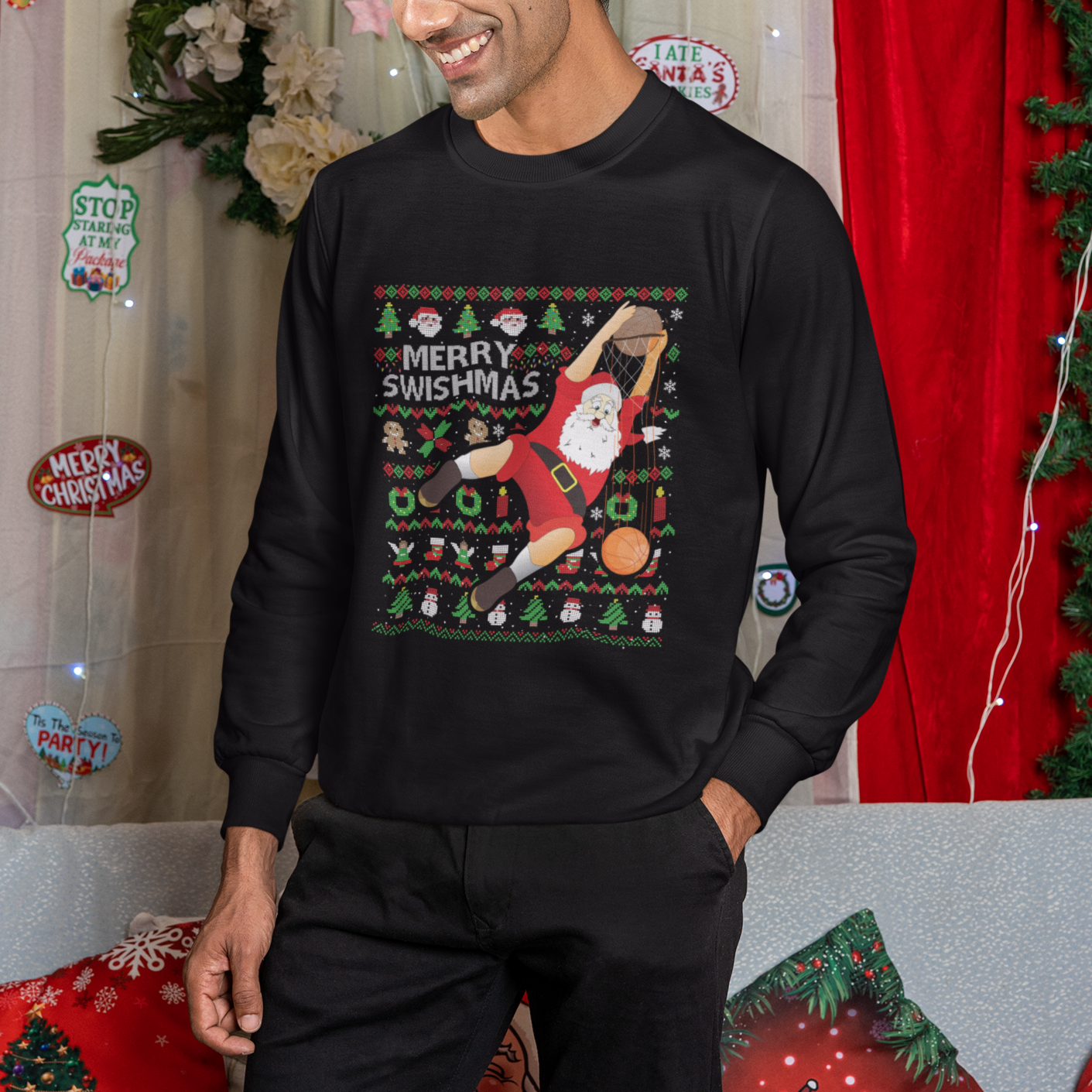 Christmas Sweatshirt Merry Swishmas Santa Baseketball Player - Wonder Print Shop