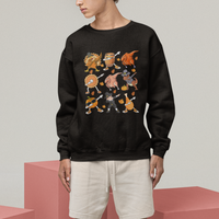 Black crewneck sweatshirt with colorful Thanksgiving character graphic across the chest