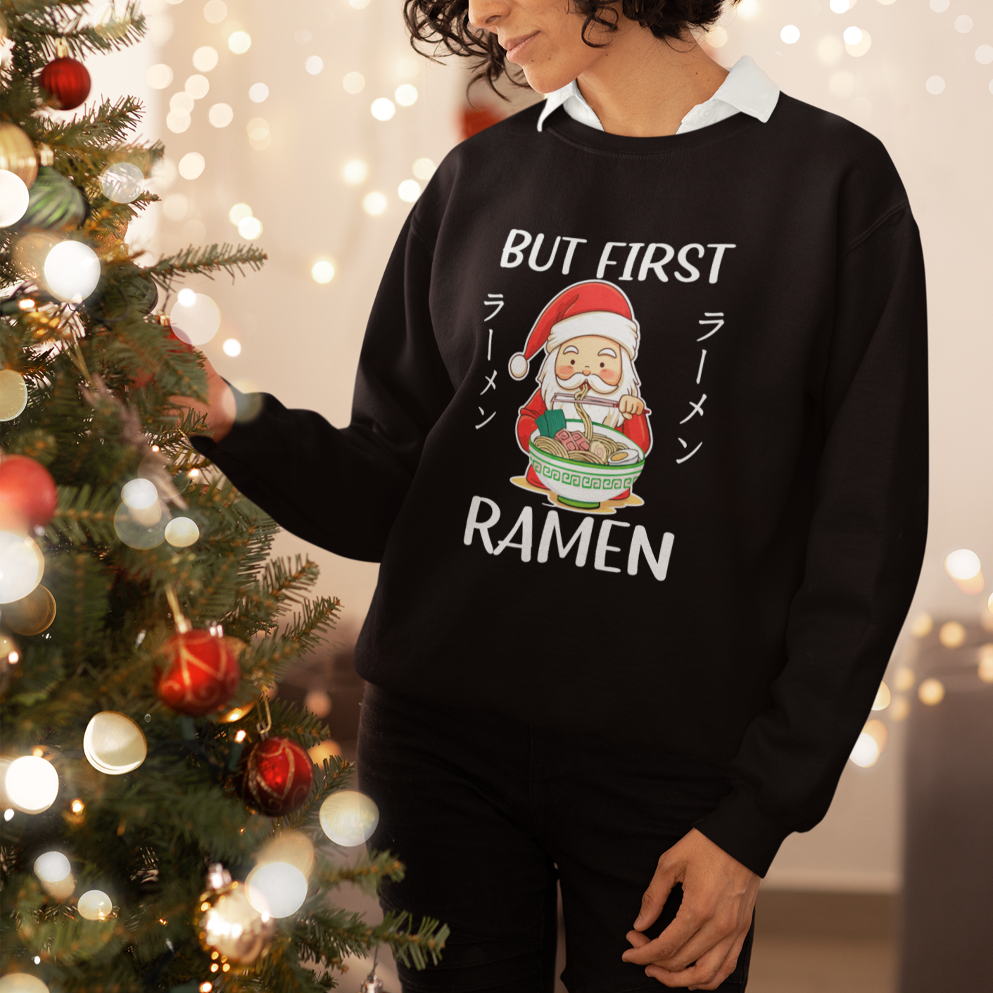 Cute Santa But First Ramen Lover Japanese Noodle Anime Christmas Sweatshirt - Wonder Print Shop