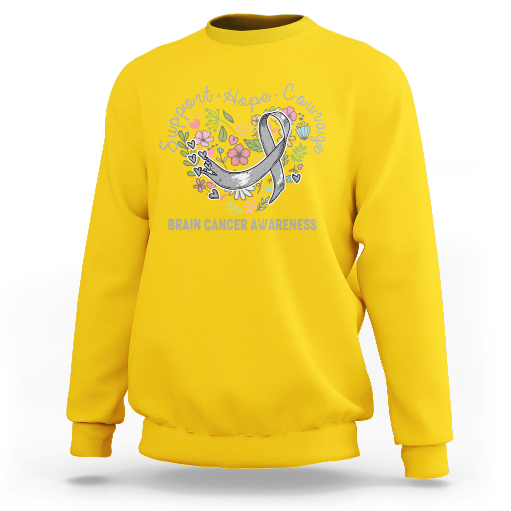 Yellow brain cancer awareness sweatshirt with ribbon heart floral graphic and text