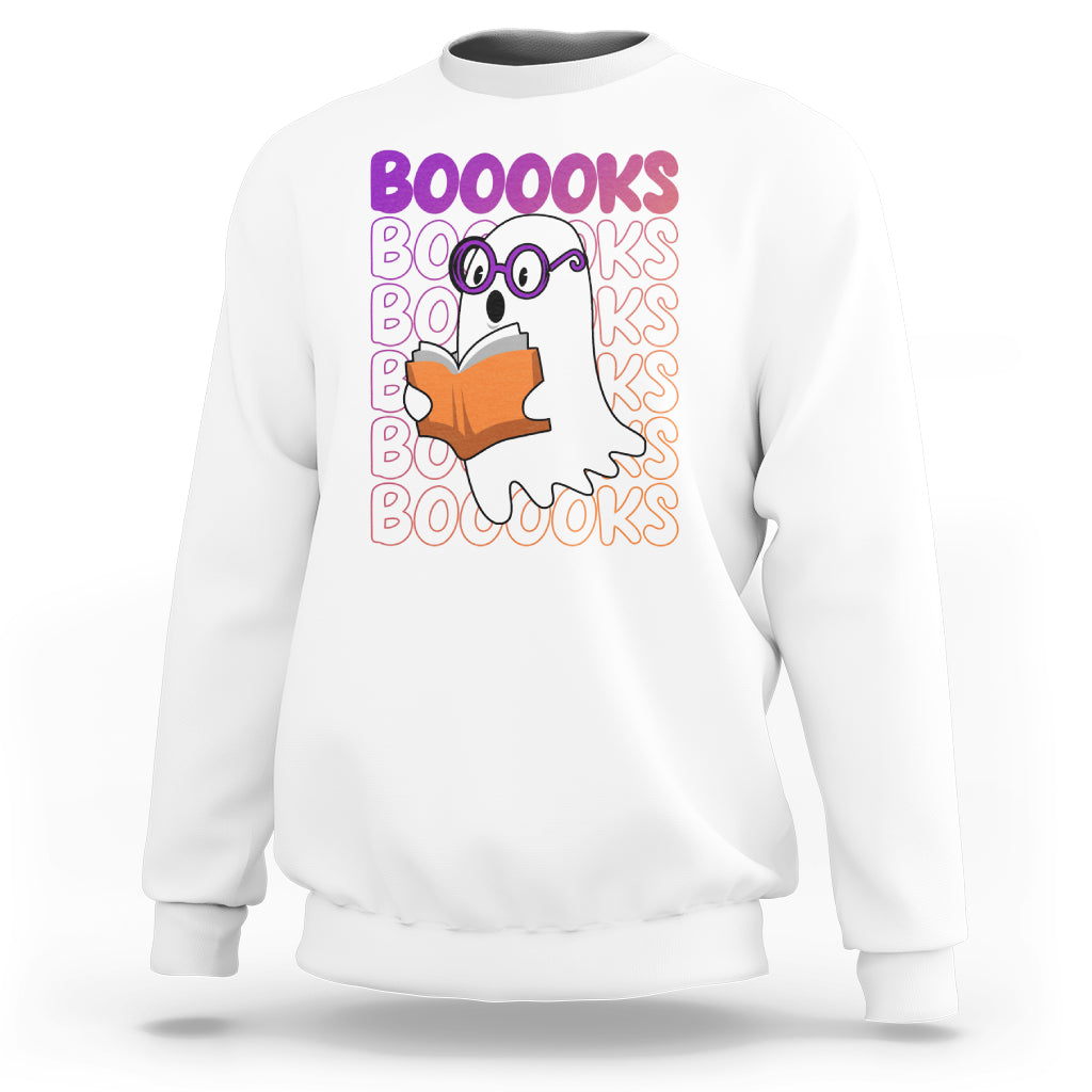 White crewneck sweatshirt front view with ghost reading orange book and 'BOOOOKS' lettering