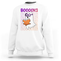White crewneck sweatshirt front view with ghost reading orange book and 'BOOOOKS' lettering
