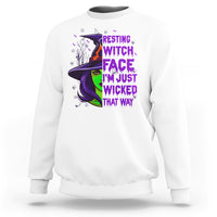 White witch graphic sweatshirt with resting witch face chest print, front view.