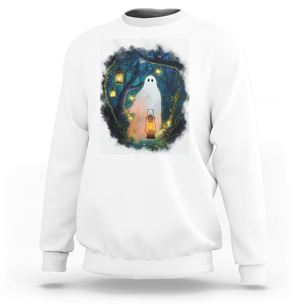 White crewneck sweatshirt with ghost and lantern graphic on the front.