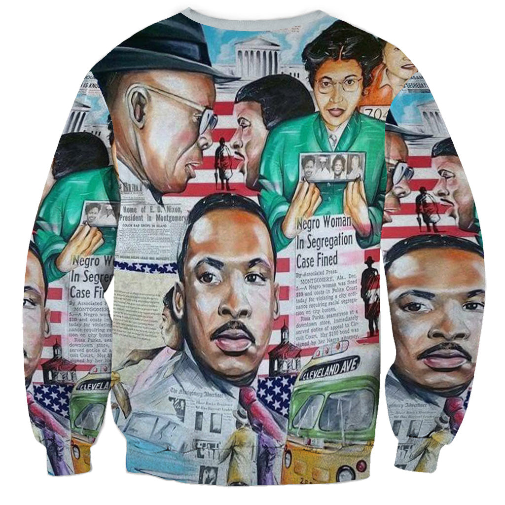 All-over graphic crewneck sweatshirt with civil rights collage, ribbed cuffs and hem