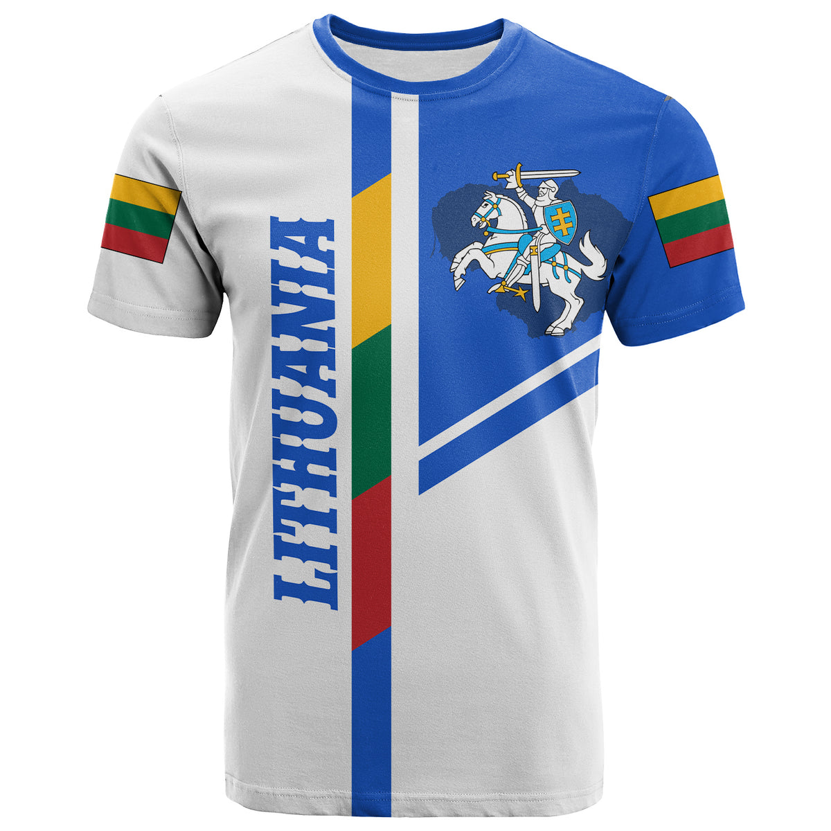 White and blue Lithuanian flag T-shirt with mounted knight crest graphic on front