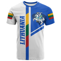 White and blue Lithuanian flag T-shirt with mounted knight crest graphic on front