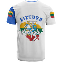 White back T-shirt with “LIETUVA” text and mounted knight map graphic