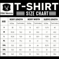 T-shirt size chart with body length, body width, and sleeve length in inches and cm