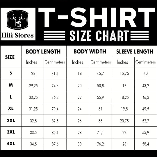 T-shirt size chart showing body length, body width, and sleeve length in inches and centimeters
