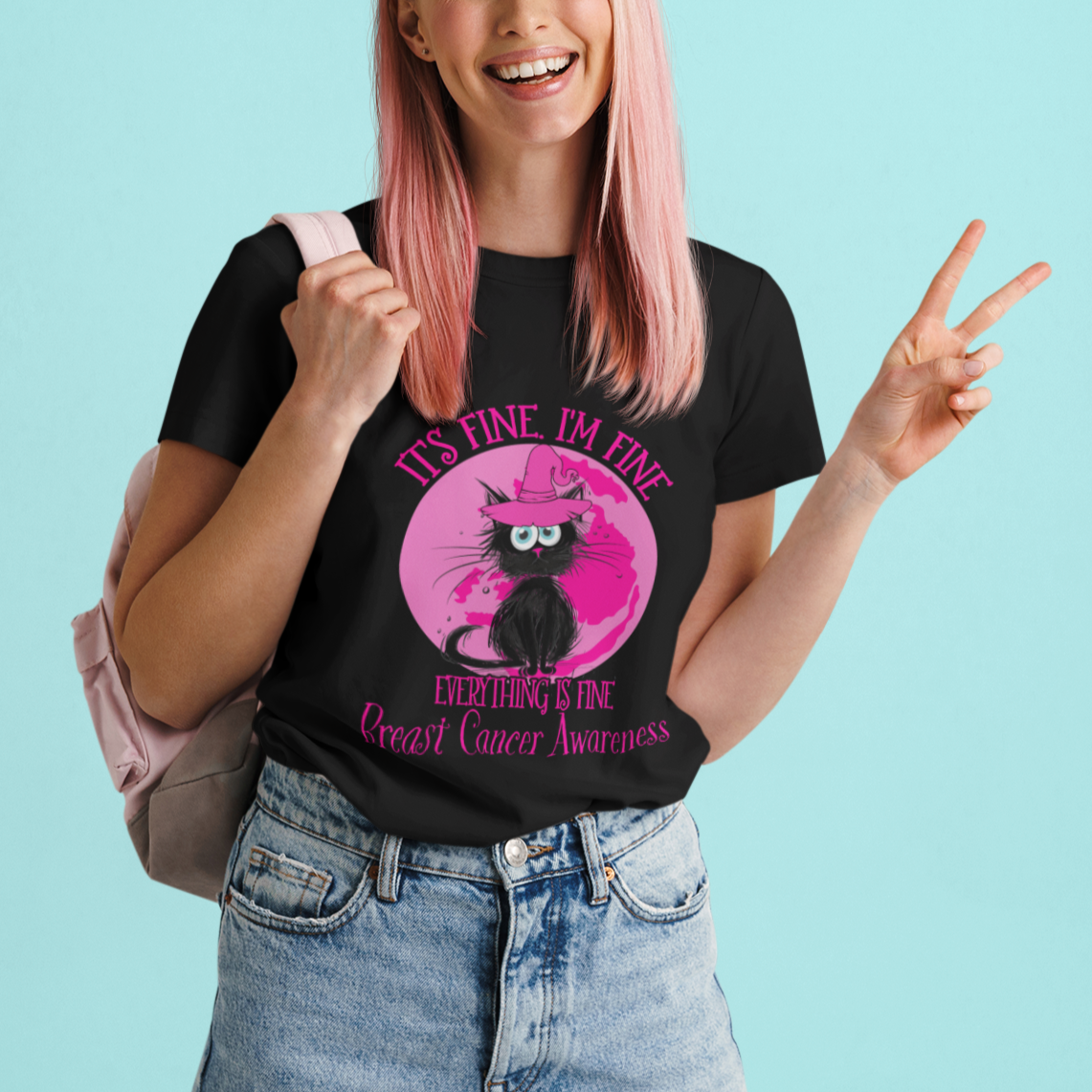 Breast Cancer Cat T Shirt It's Fine I'm Fine Everything's Fine Black Cat Breast Cancer Warrior - Wonder Print Shop