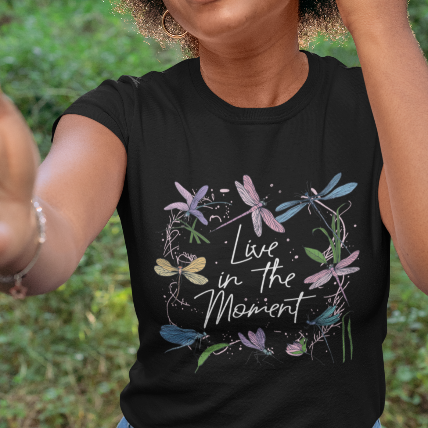 Live In Moment Inspirational Quote Dragonfly Lover T-shirt, Dragonflies, Floral Tee, Dragonfly Gift, Insect Lover Shirt, Springtime Shirt T-Shirt - Wonder Print Shop