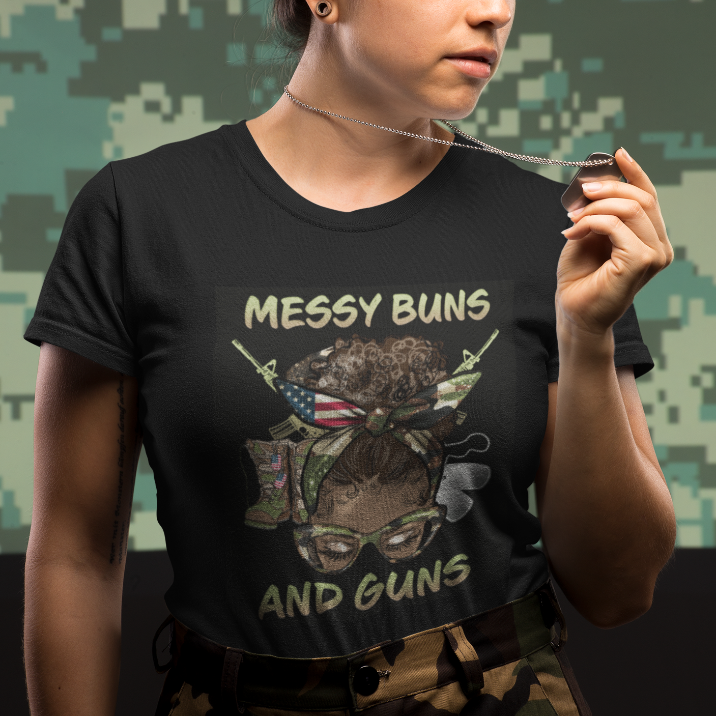 Messy Buns And Guns American Patriotic T-Shirt for Female Veteran, Woman Veteran Shirt, DD214 Shirt, Patriotic Shirt, US Military Shirt T Shirt - Wonder Print Shop