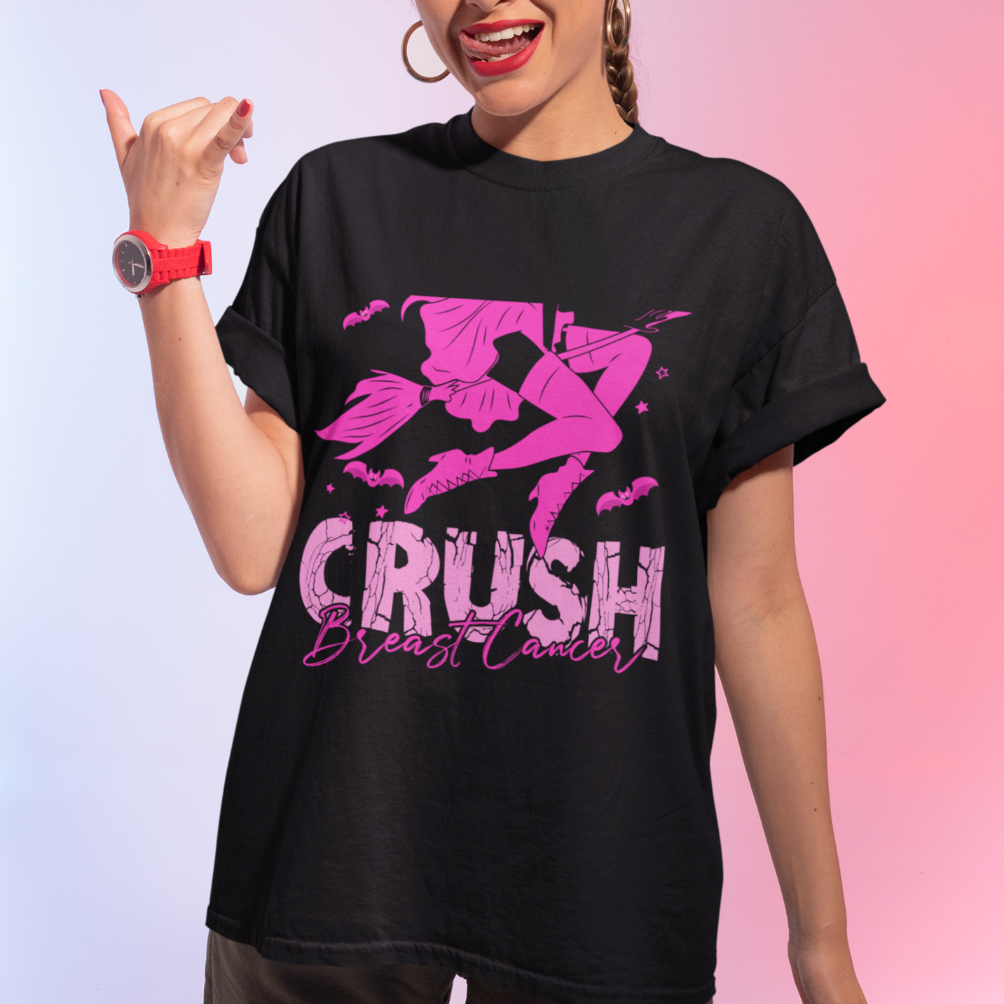 Breast Cancer Witch T Shirt Crush Breast Cancer Awareness Pink Ribbon Halloween Witch - Wonder Print Shop