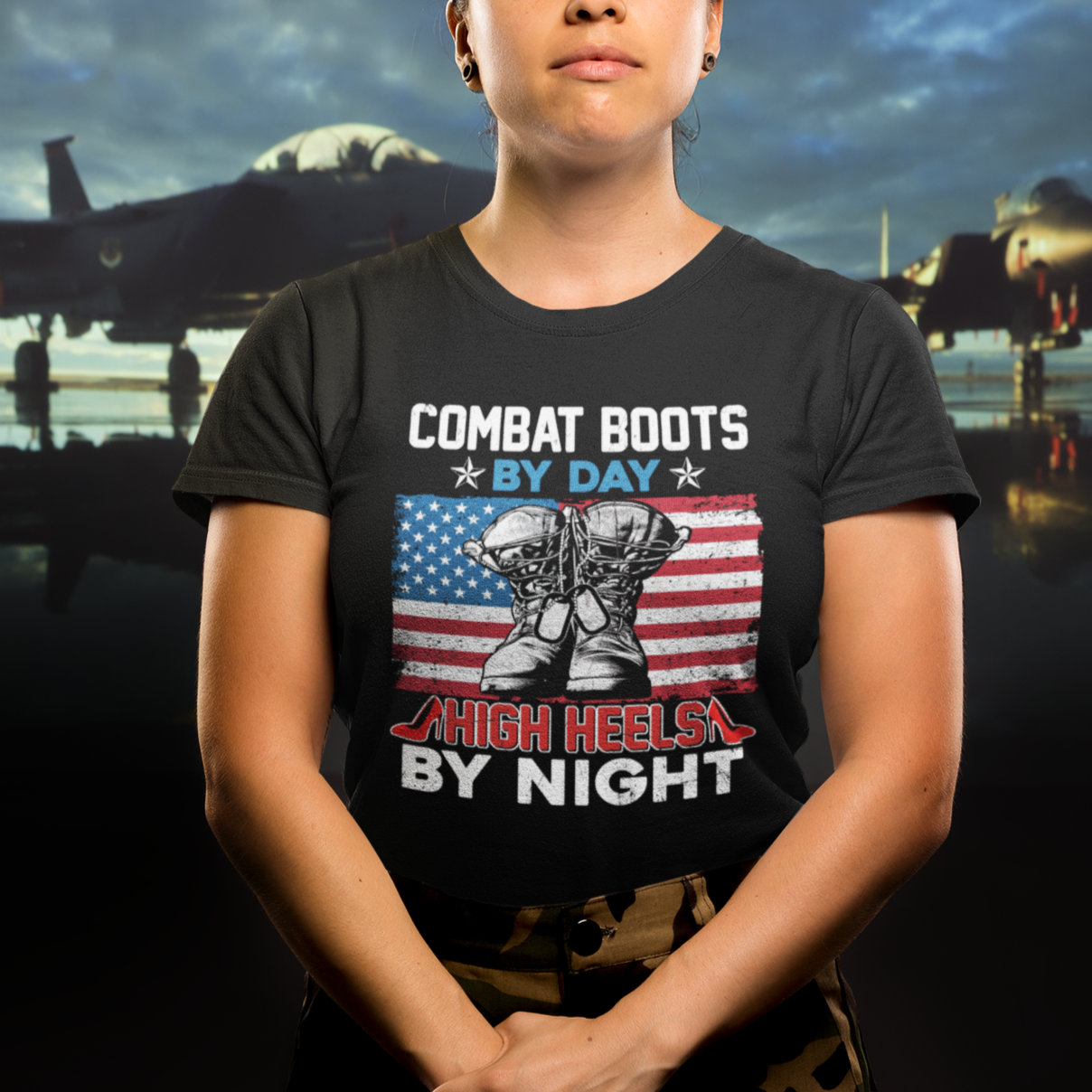 Funny Women Veterans Combat Boots By Day High Heels By Night Dog Tags T-Shirt for Female Veteran, Woman Veteran Shirt, Patriotic Shirt T Shirt - Wonder Print Shop