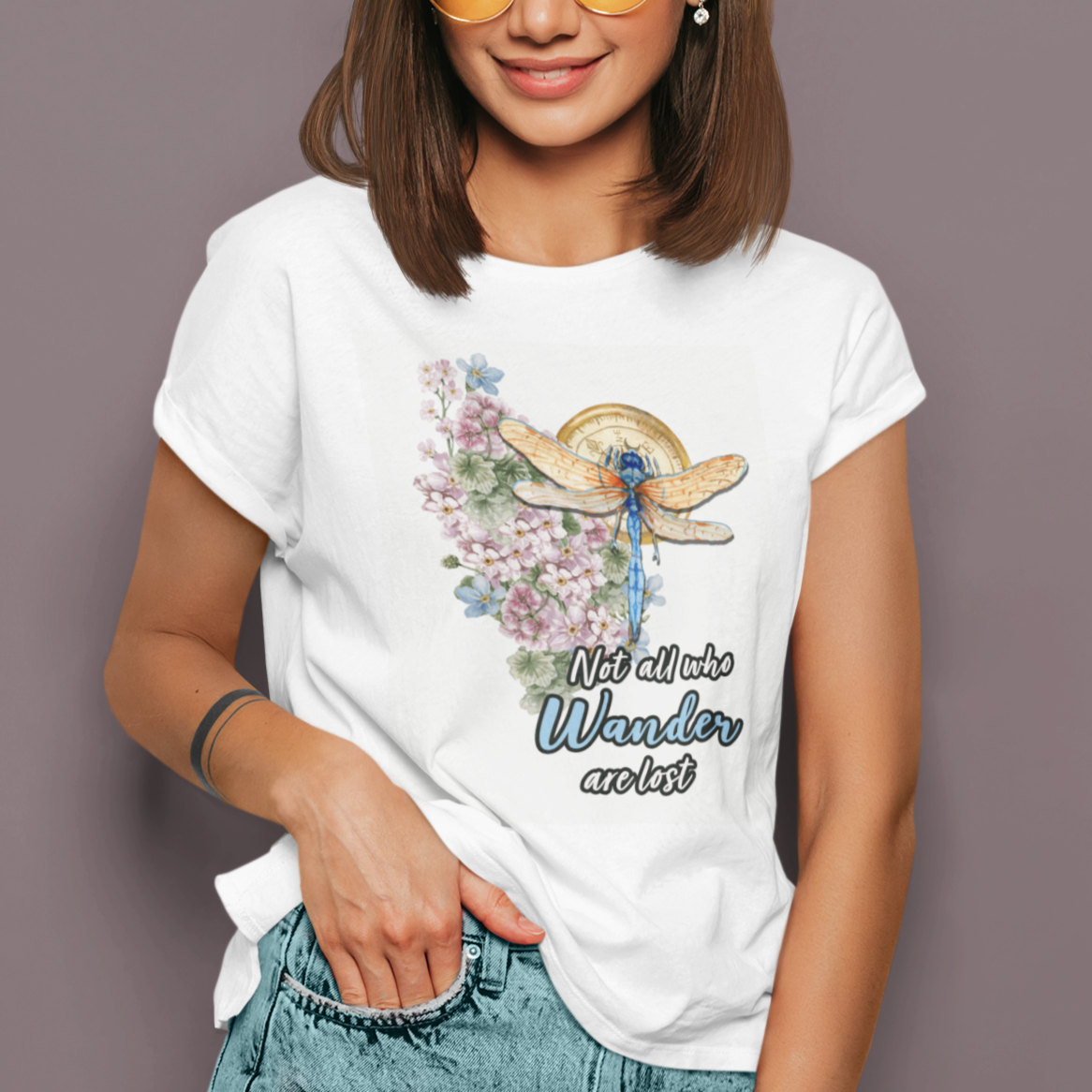 Botanical Vintage Aesthetic Not All Who Wander Are Lost Entomology Nostalgic Floral Dragonfly T-Shirt, Dragonfly Gift, Spiritual Shirt T Shirt For Women - Wonder Print Shop