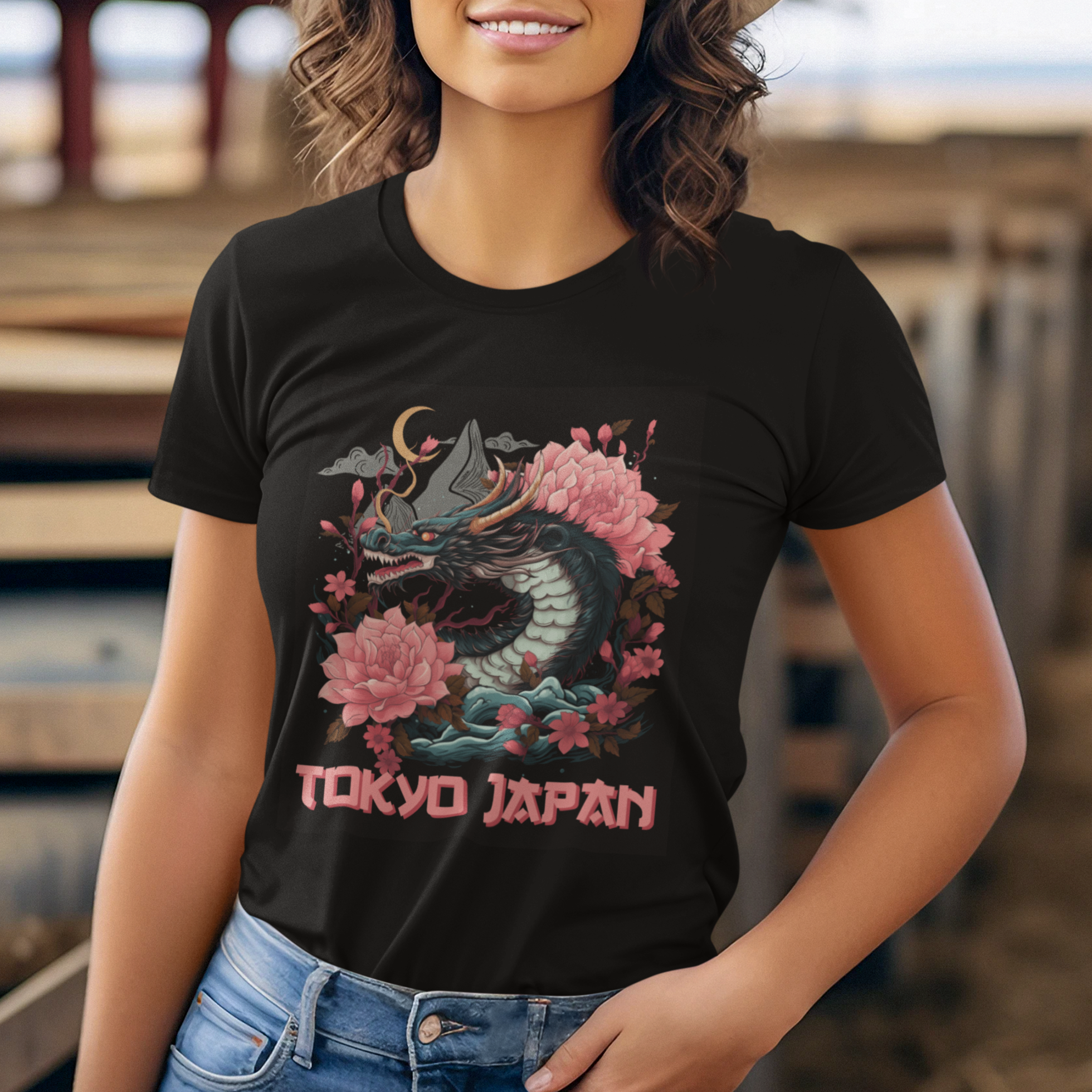 Tokyo Japan Dragon T Shirt Asian Inspired Retro Aesthetic Sakura Japanese Cherry Blossoms - Wonder Print Shop