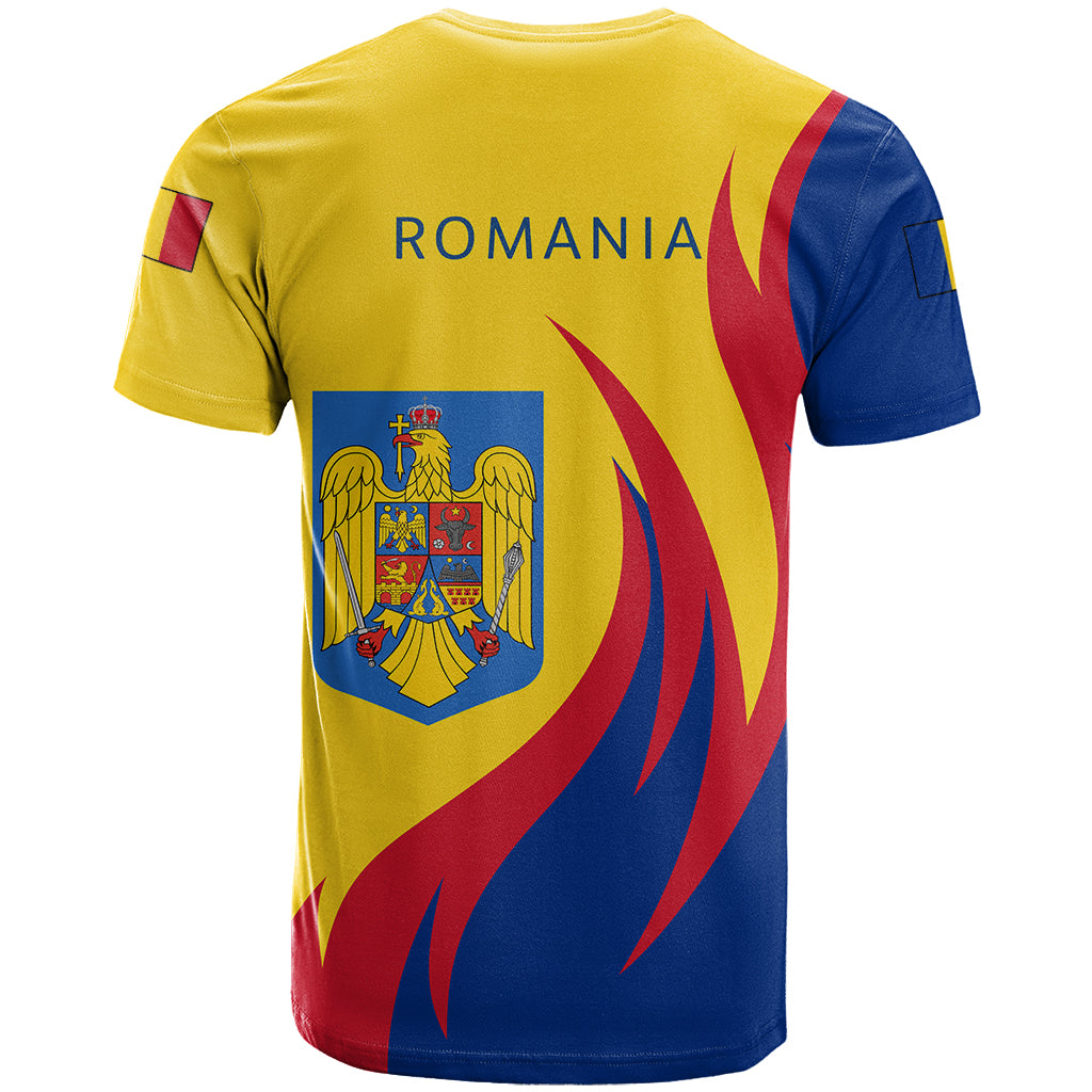 Yellow T-shirt with Romania wordmark, coat-of-arms emblem, and red-blue flames