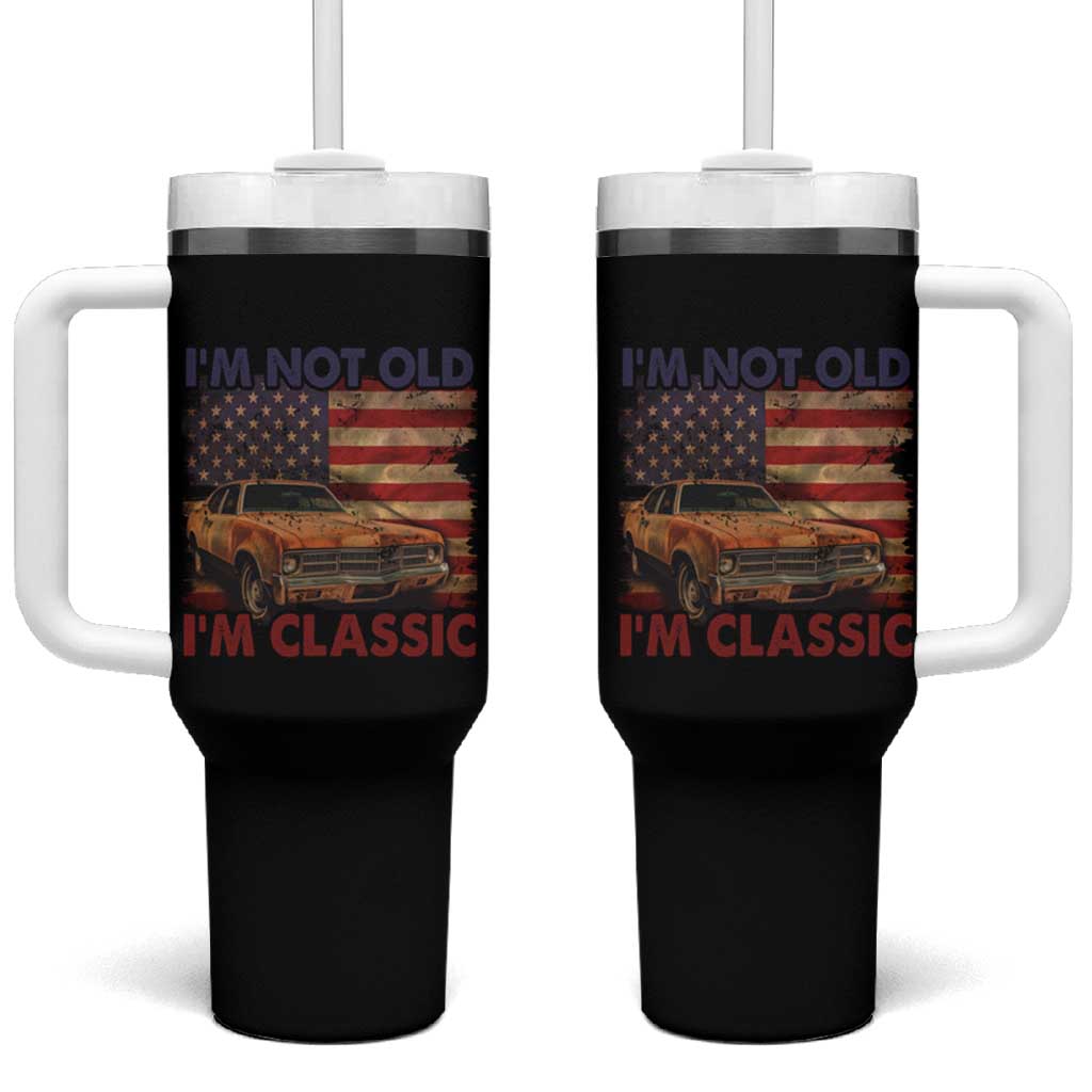 Classic Car Lover Tumbler With Handle I'm Not Old I'm Classic Vintage American Flag