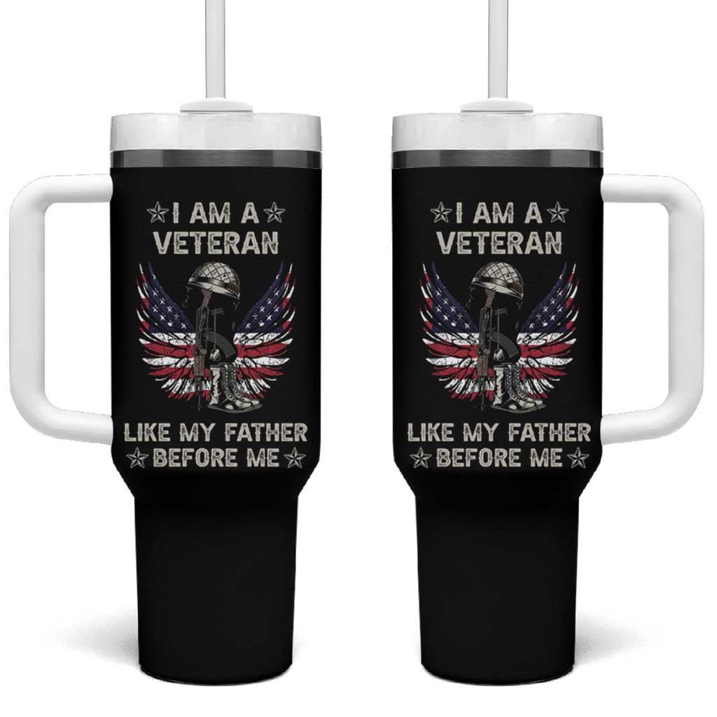 American Veteran Tumbler With Handle Like My Father Before Me Us Flag Angel Wings Combat Boots And Dog Tag