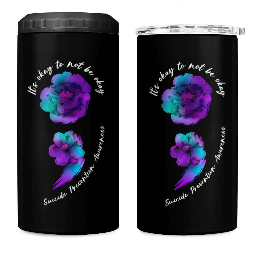 Suicide Prevention Awareness 4 in 1 Can Cooler Tumbler Teal Purple Floral Semicolon It's Ok To Not Be Ok - Wonder Print Shop