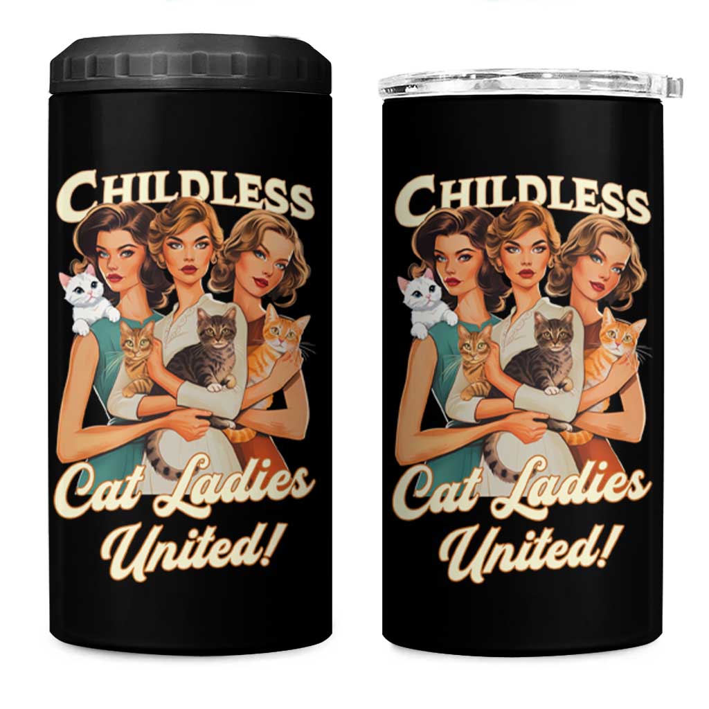 Childless Cat Ladies United 4 in 1 Can Cooler Tumbler Feline Lover Retro - Wonder Print Shop