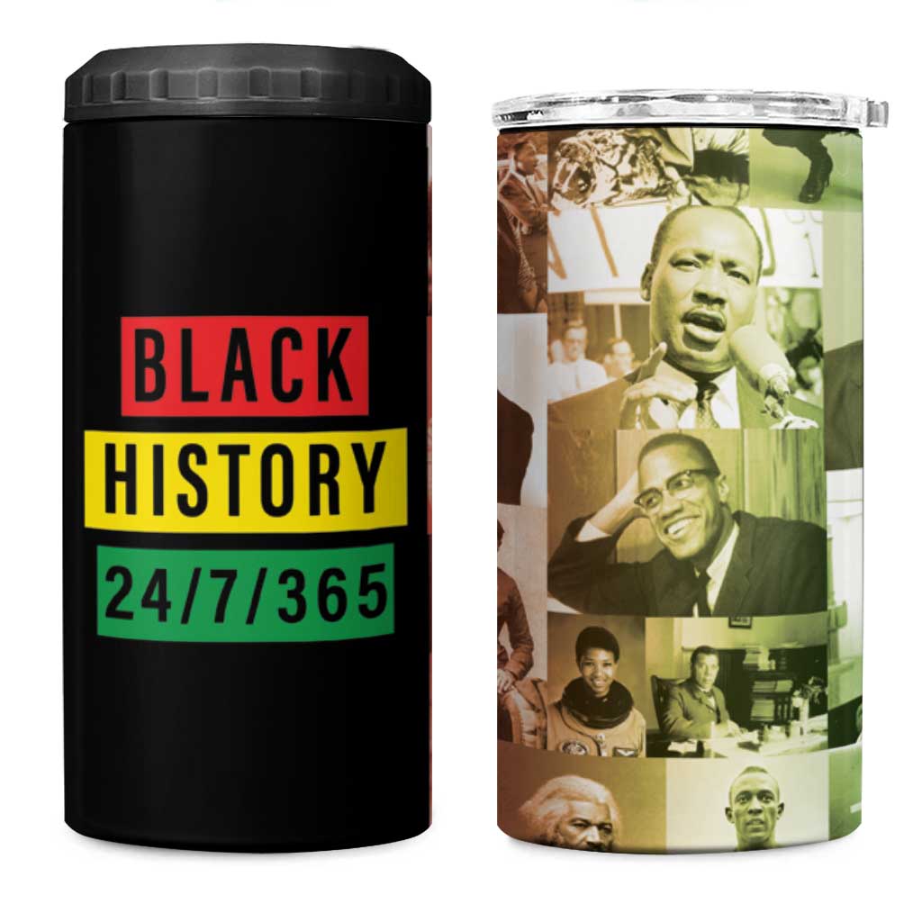 Black Pride 4 in 1 Can Cooler Tumbler Black History 24/7/365 Melanin Civil Rights Leaders