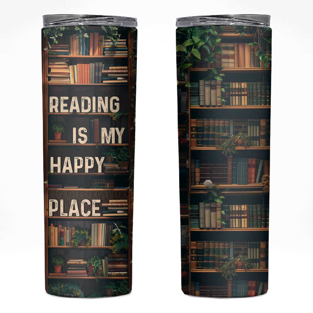 Book Lover Skinny Tumbler Reading Is My Happy Place Vintage Bookshelf