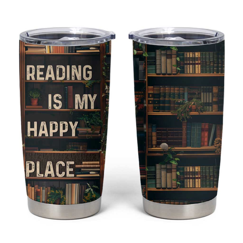 Book Lover Tumbler Cup Reading Is My Happy Place Vintage Bookshelf