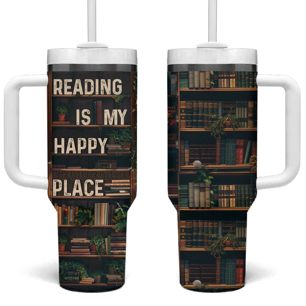 Book Lover Tumbler With Handle Reading Is My Happy Place Vintage Bookshelf