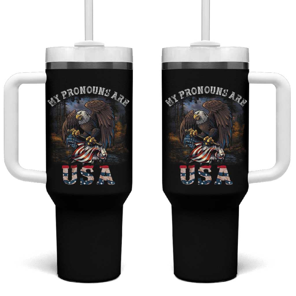 Funny 4th Of July Tumbler With Handle My Pronouns USA Eagle American