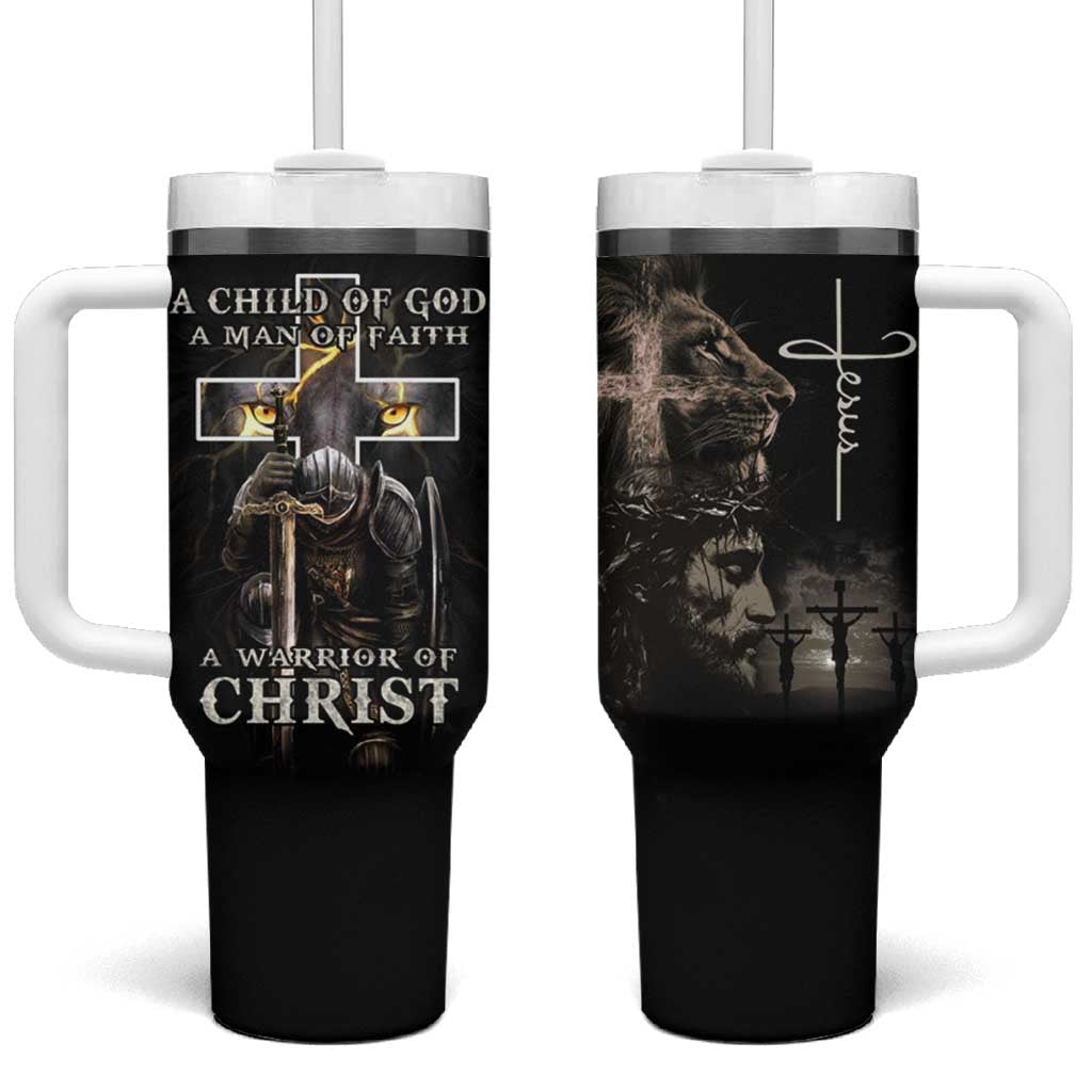Black insulated tumbler with handle, white lid and straw; knight and cross graphic on front
