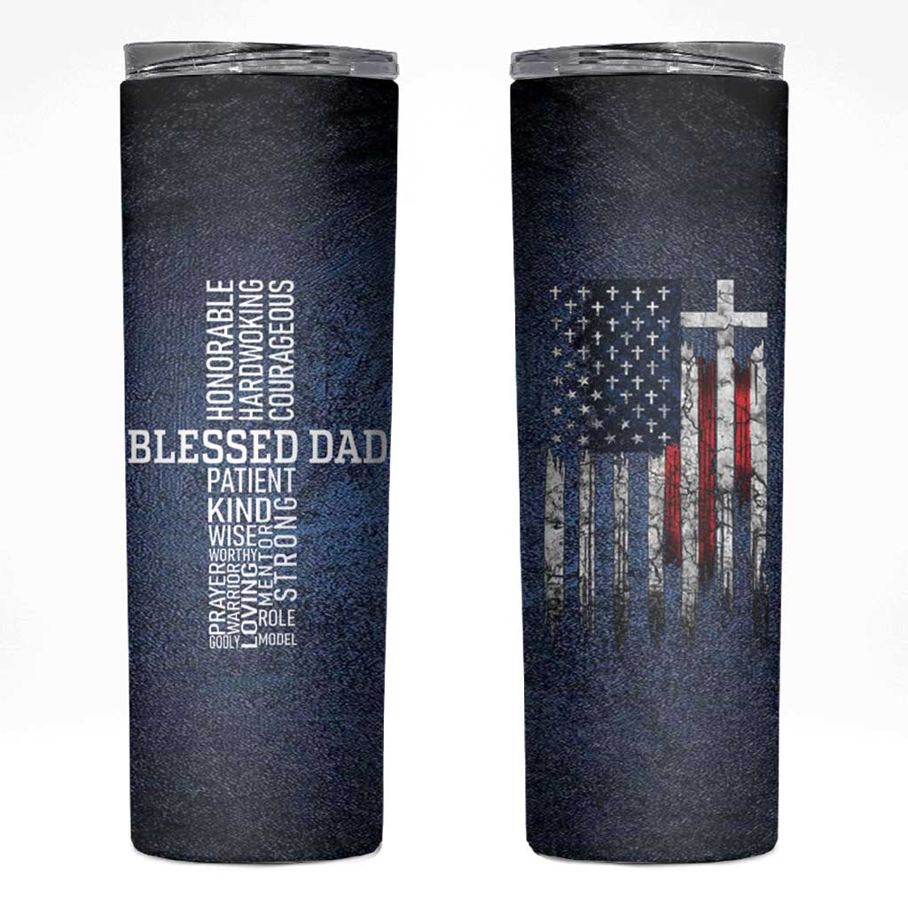 Blessed Dad Christian Skinny Tumbler Christ Cross Patriotic American Flag