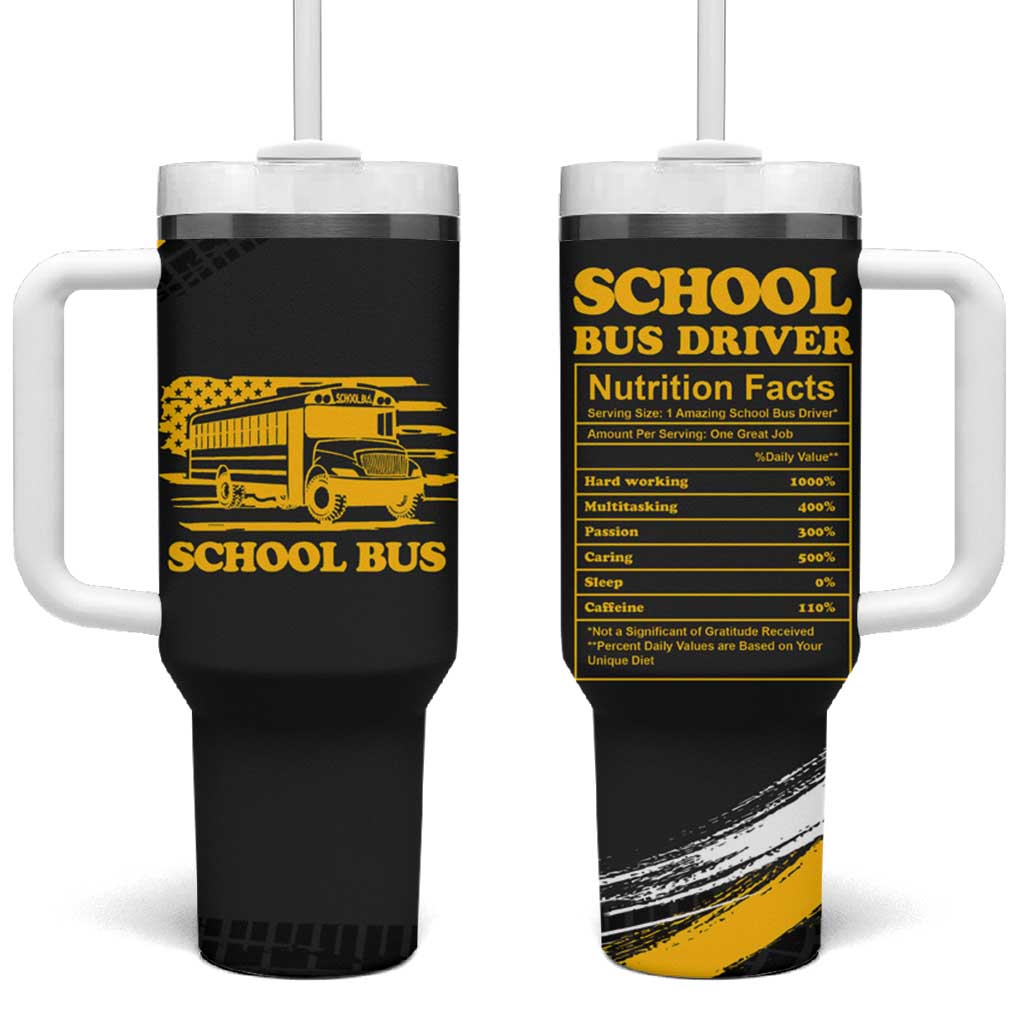 School Bus Driver Appreciation Tumbler With Handle Funny Nutrition Facts American USA Flag